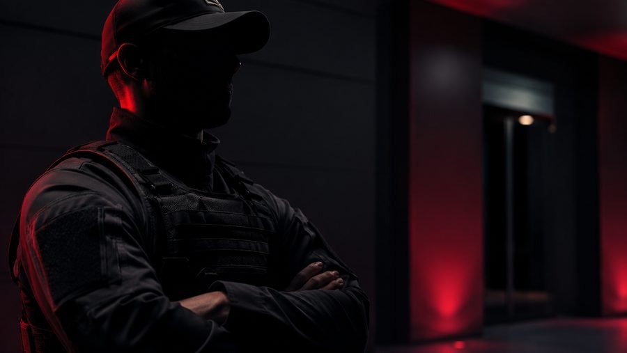 Professional security guard in tactical uniform
