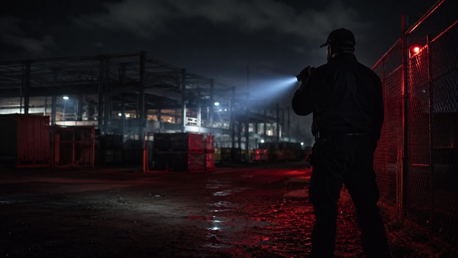 Guard on night patrol at a construction site
